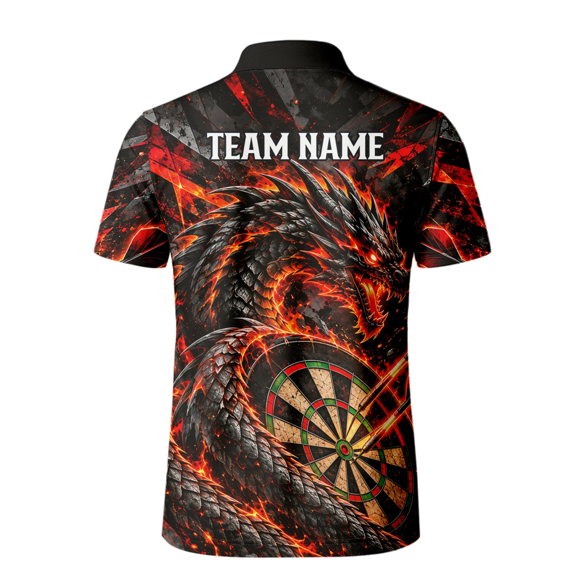Personalisiertes Dartshirt mit schwarz-rotem Feuerdrachen und Dartscheibe für Herren B0683
