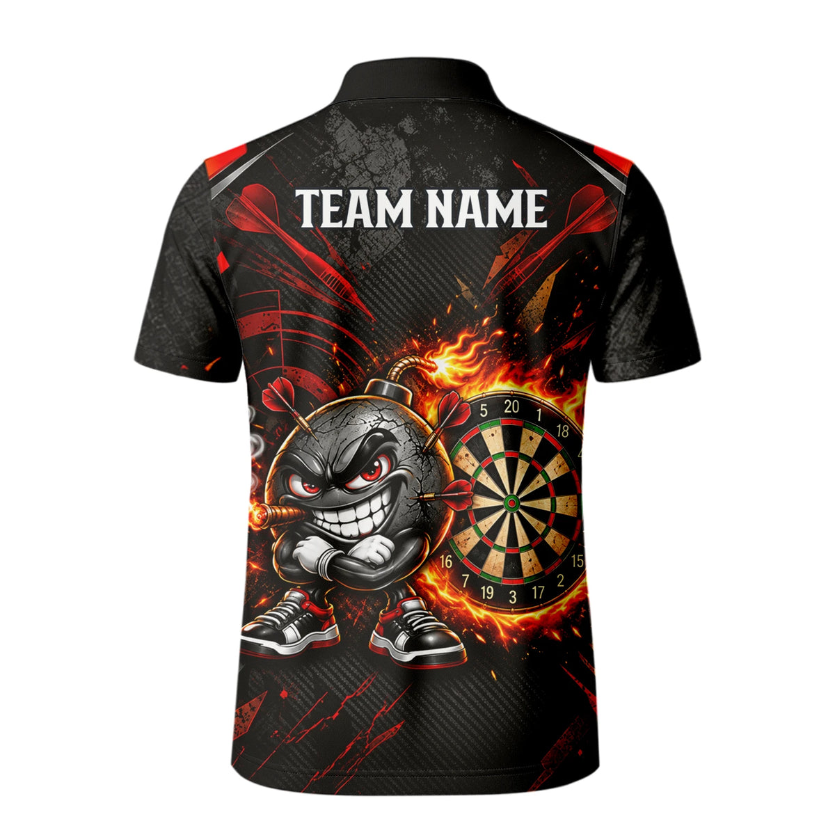 Personalisiertes Dartshirt mit schwarz-roter wütender Comic-Bombe und Dartscheibe für Herren C3423