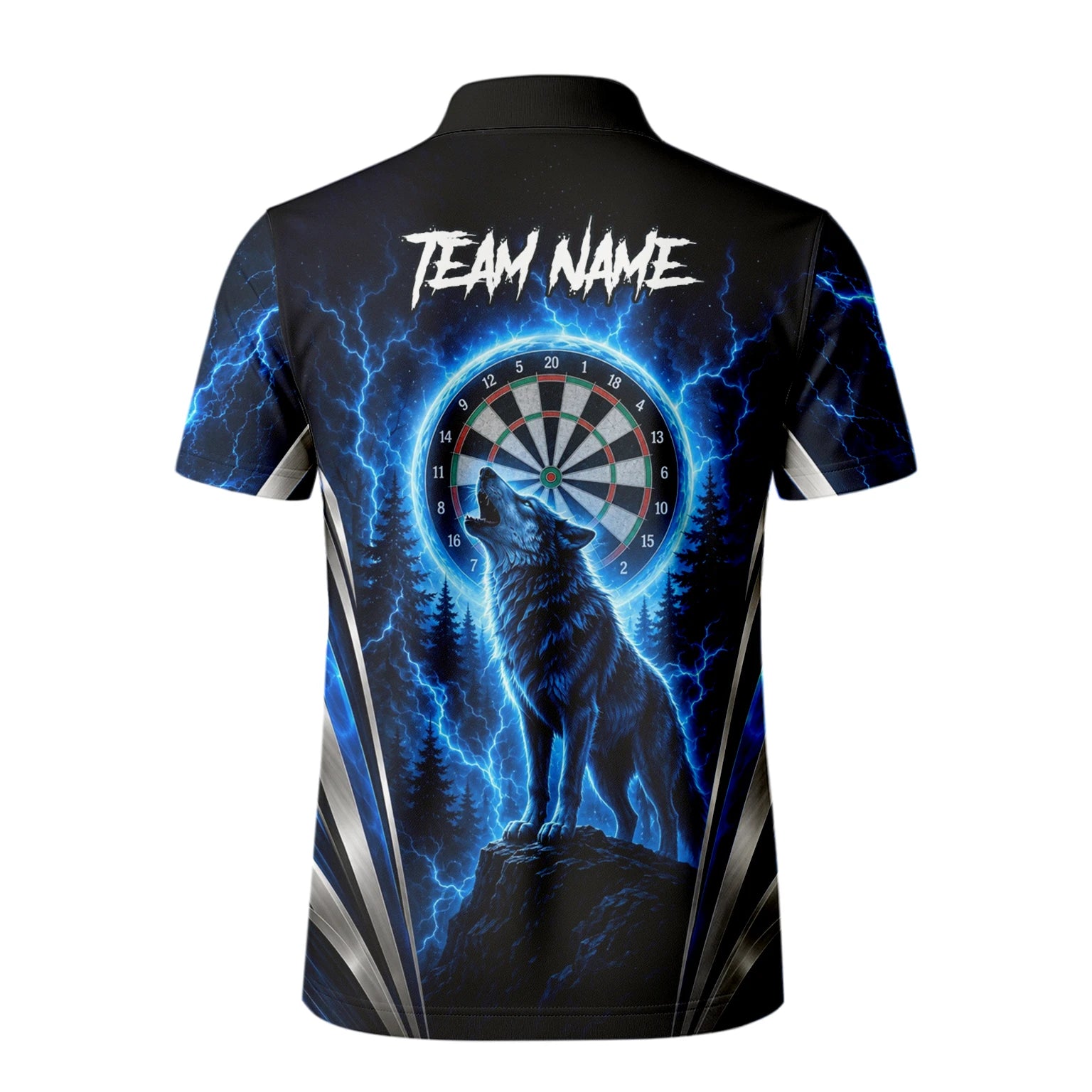 Personalisiertes Schwarz-blaues Wolf-Blitz-Dartshirt für Herren X929
