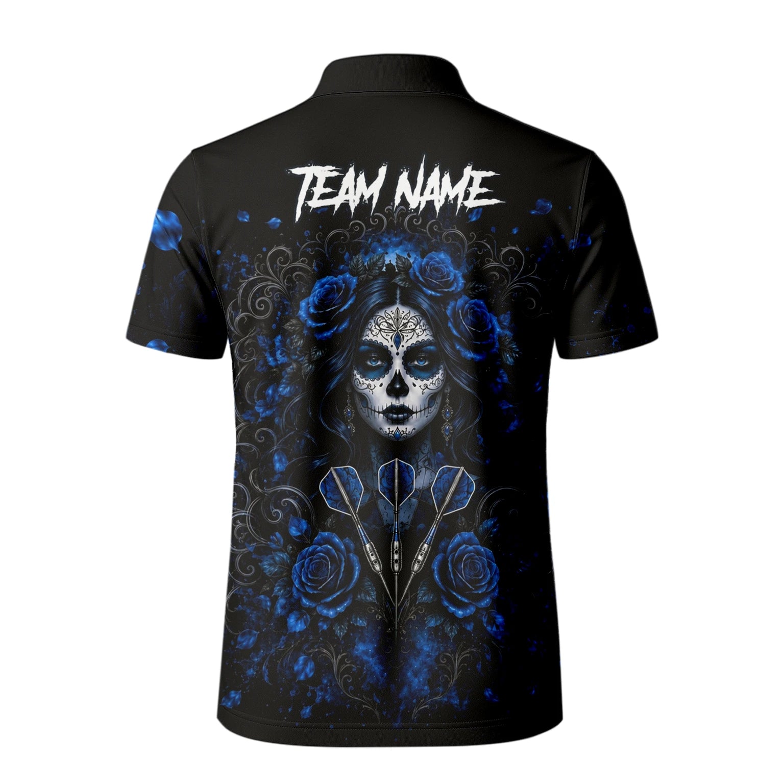 Personalisiertes Schwarz-blaues Sugar-Skull-Rosen-Dartshirt für Herren I884