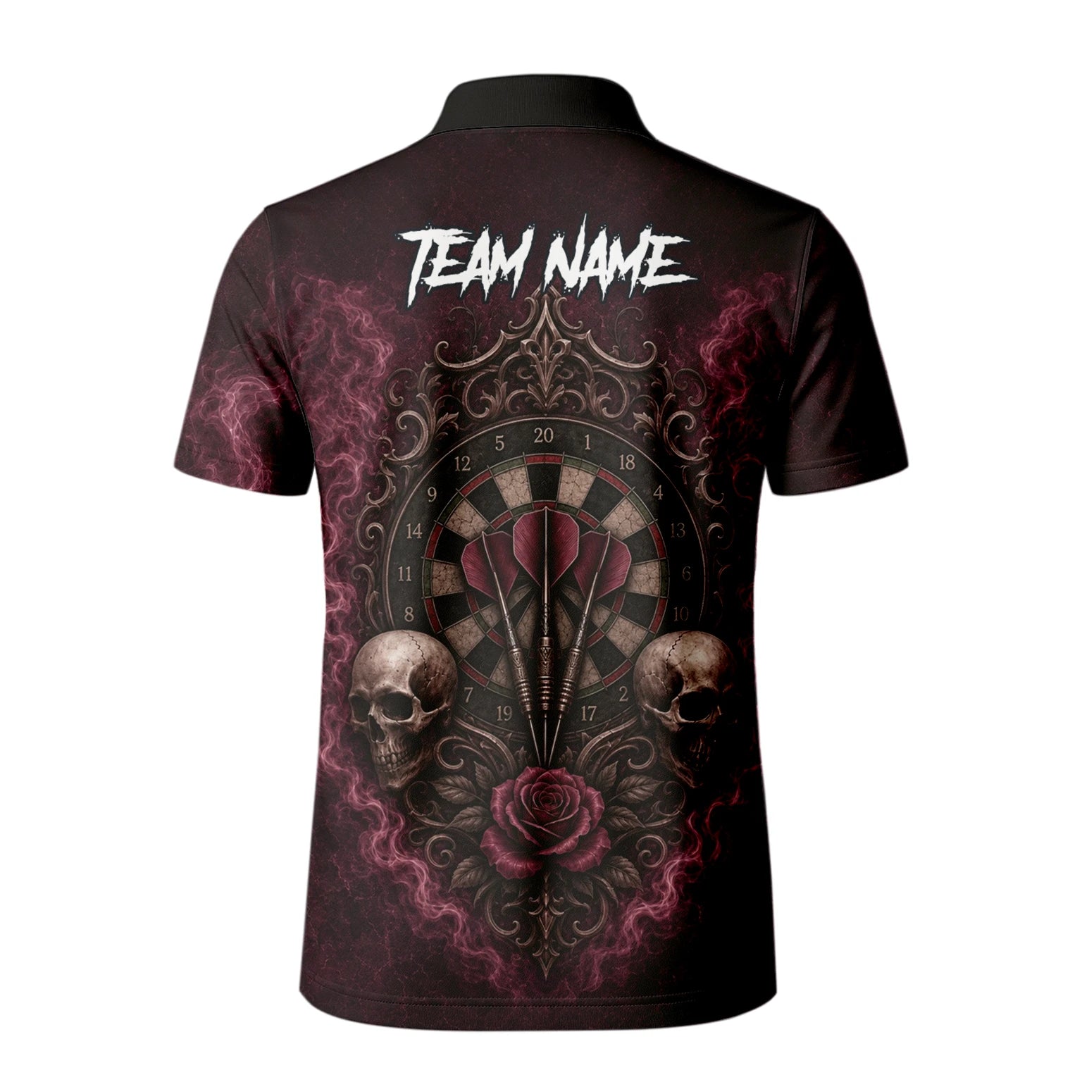 Personalisiertes Dunkelrot-schwarzes Totenkopf-Rosen-Dartshirt für Herren U786