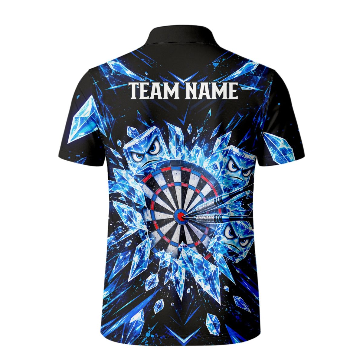 Personalisiertes Dartshirt in Schwarz und Blau mit Eiskristallen, Dartpfeilen und Dartscheibe für Herren X5114