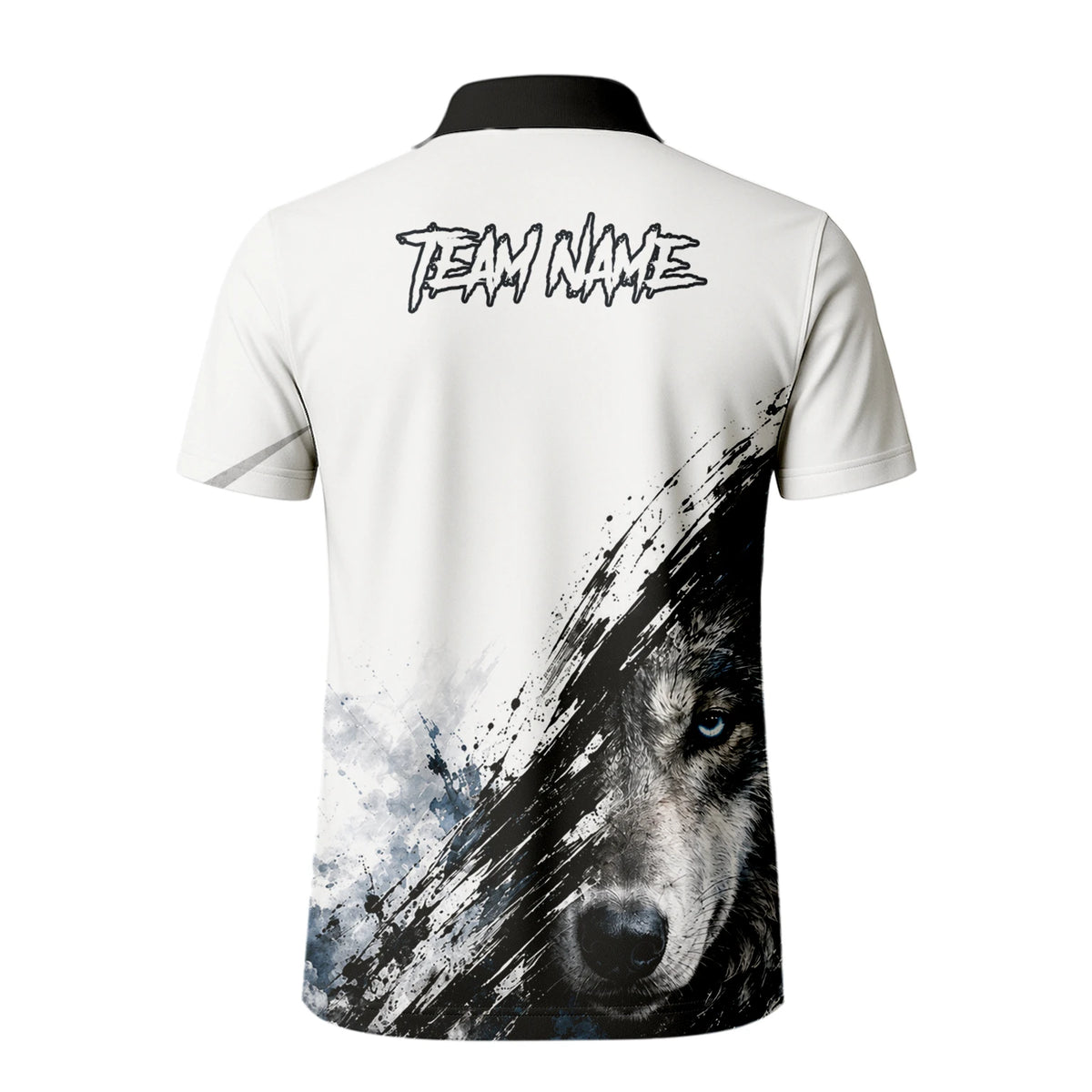 Personalisiertes Dartshirt mit weiß-schwarz-blauem Wolf für Herren P634
