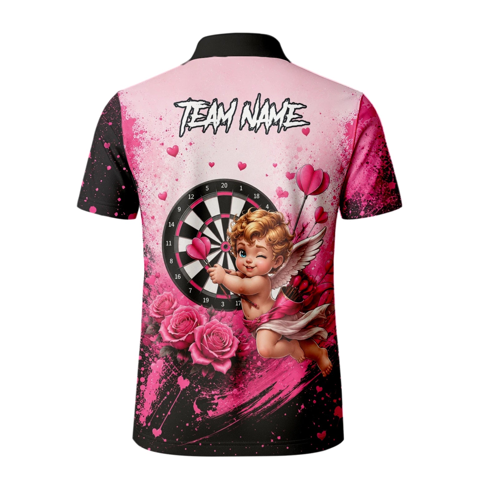 Personalisiertes Pink-schwarzes Amor-Dartboard Dartshirt für Herren I643