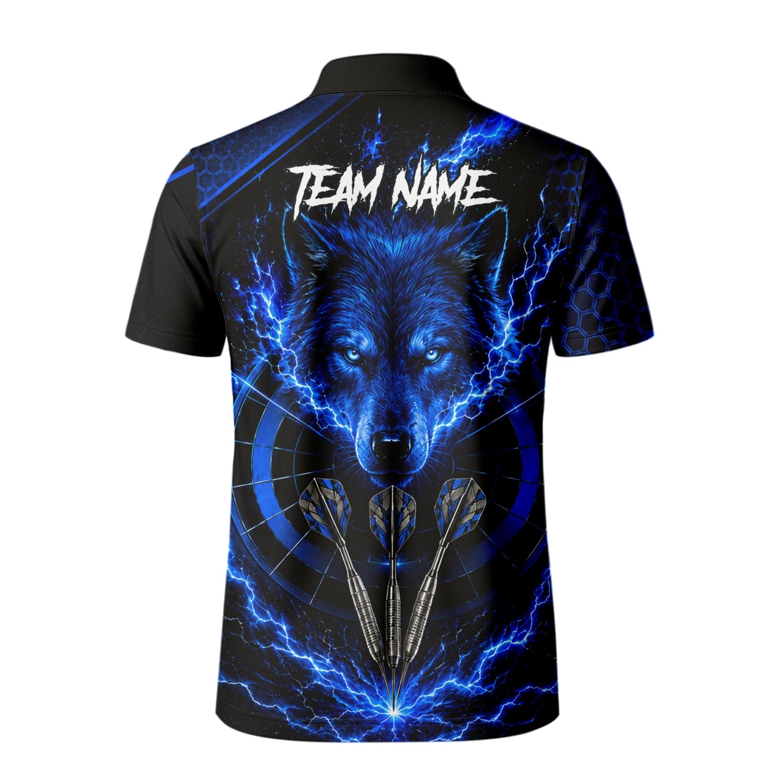 Personalisiertes Schwarz-blaues Wolf-Blitz-Dartshirt für Herren Y375