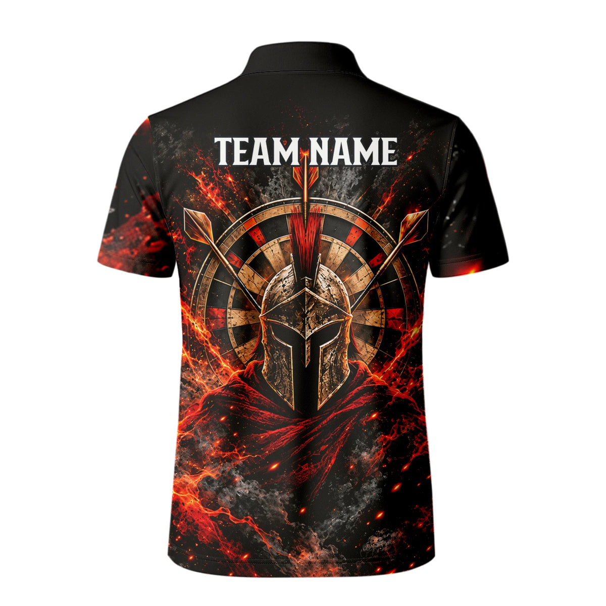 Personalisiertes Dartshirt in Schwarz, Rot und Orange mit Spartanerhelm, Flammen und Dartscheibe für Herren Z3444