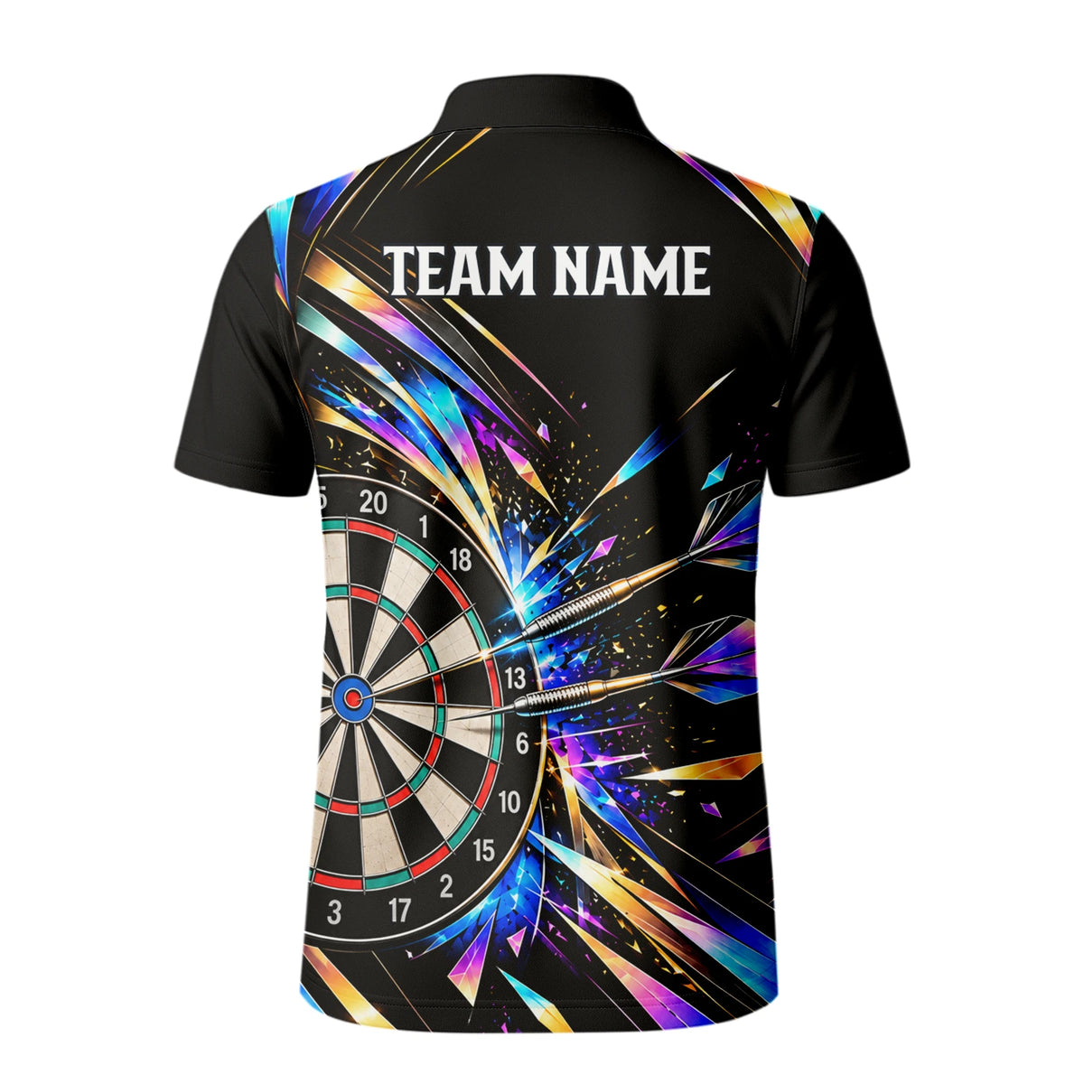 Personalisiertes Dartshirt in Schwarz mit bunten geometrischen Splittern und Dartscheibe für Herren L2897