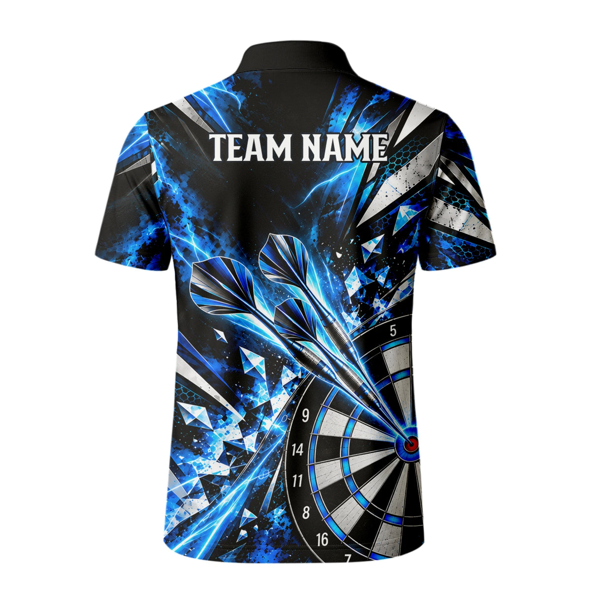 Personalisiertes Dartshirt in Schwarz, Blau und Silber mit geometrischen Splittern, Dartpfeilen und Dartscheibe für Herren N0176