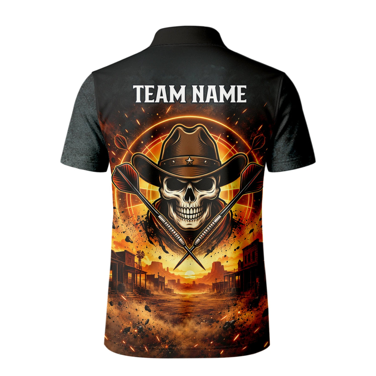 Personalisiertes Dartshirt in Schwarz und Orange mit Western-Cowboy-Totenkopf und Dartscheibe für Herren L8691