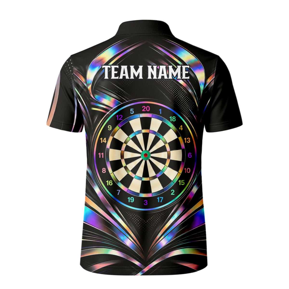 Personalisiertes Dartshirt in Schwarz mit regenbogenfarbenen Schwüngen und Dartscheibe für Herren Y5240