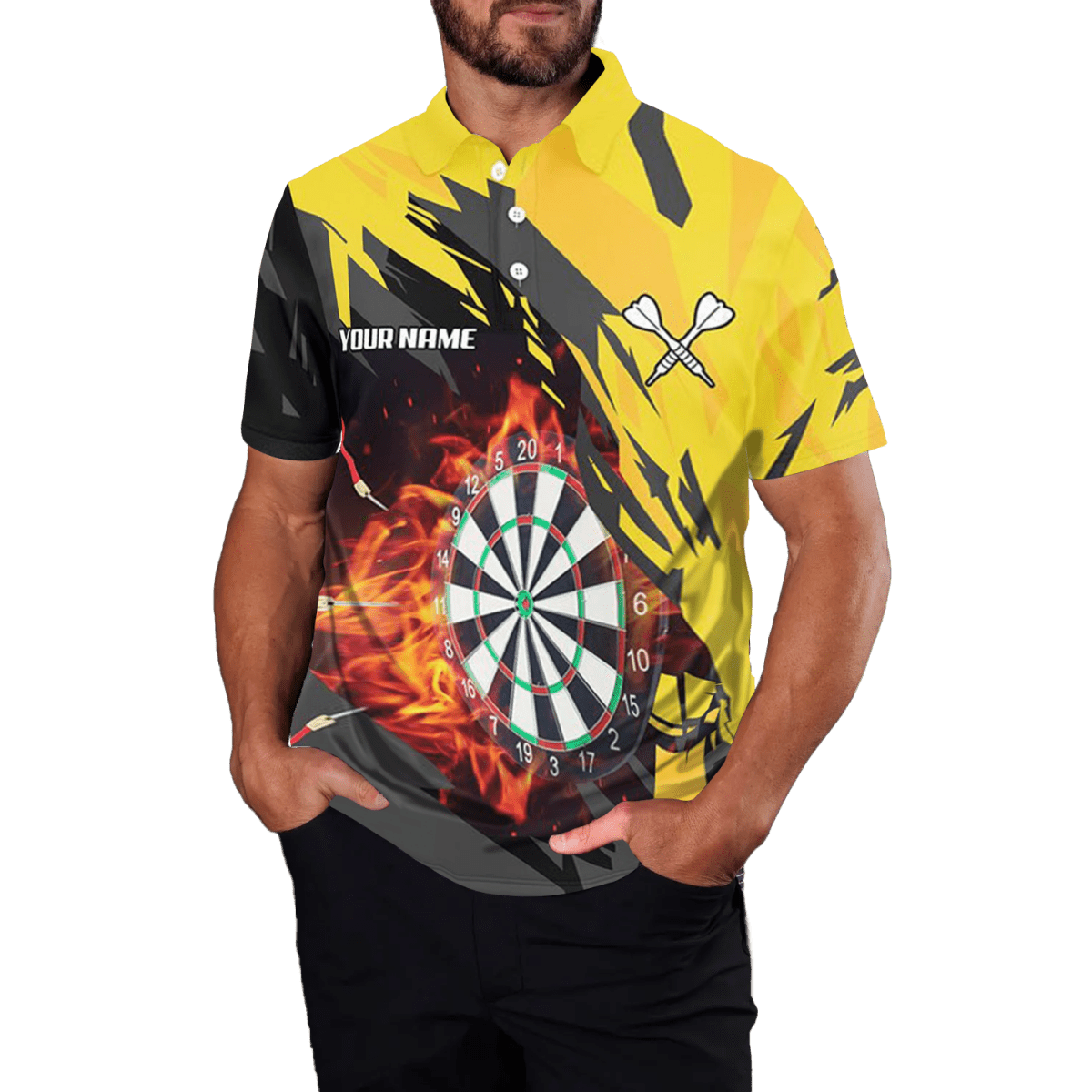 3D Feuer Flamme Herren Darts Zip Polo Shirt - Gelbes Team Trikot T1729 - Outfitsuche