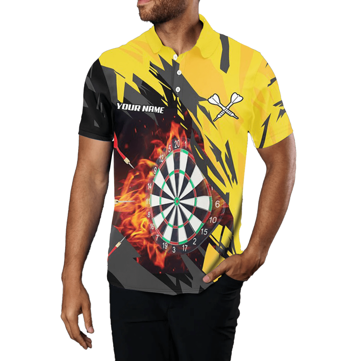 3D Feuer Flamme Herren Darts Zip Polo Shirt - Gelbes Team Trikot T1729 - Outfitsuche