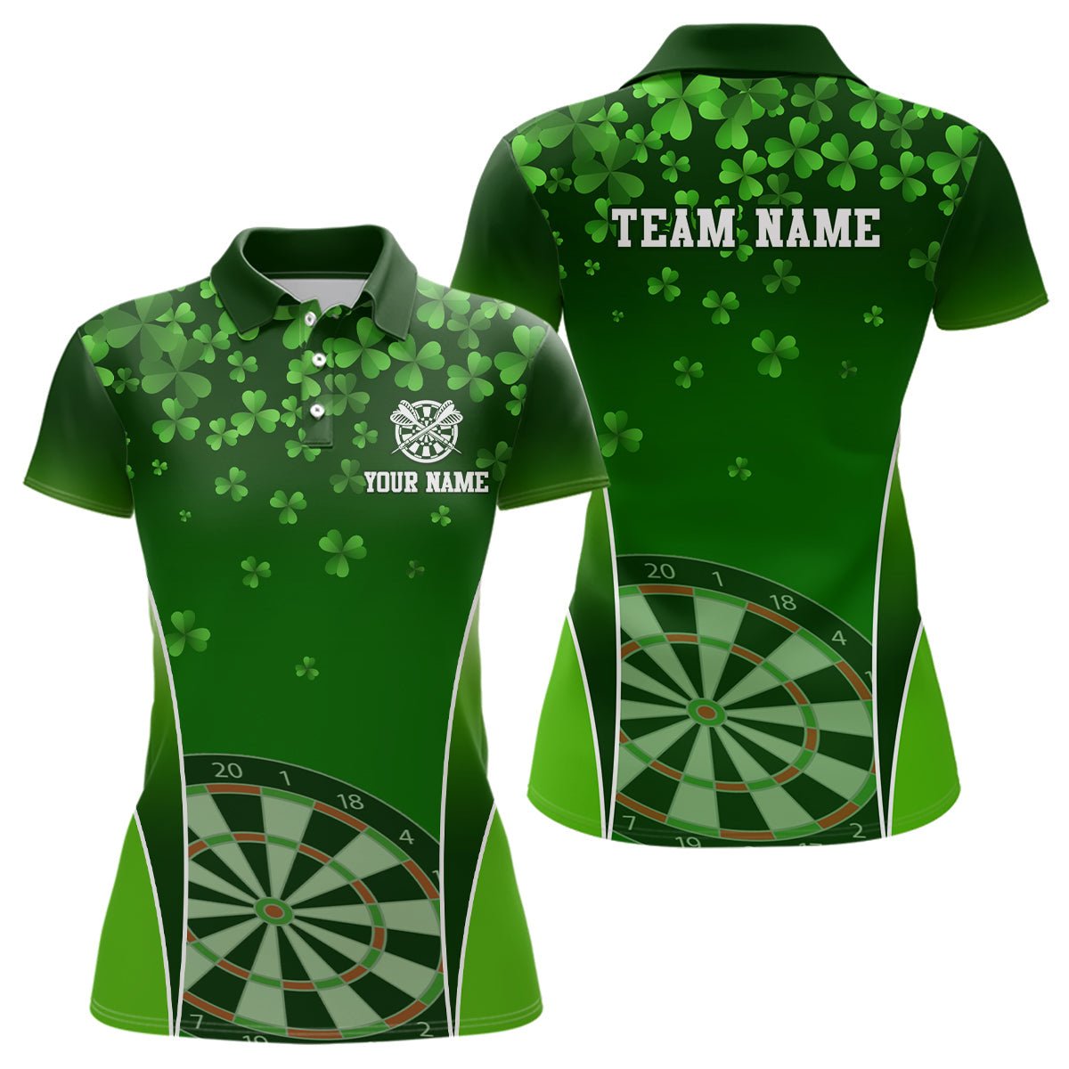 3D Grüne Kleeblätter St. Patrick's Day Damen Darts Polo Shirt Personalisiertes Dart Trikot für Frauen L1347 - Outfitsuche