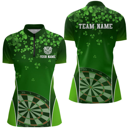 3D Grüne Kleeblätter St. Patrick's Day Darts Viertelreißverschluss Shirt Personalisiertes Dart Trikot für Damen L1347 - Outfitsuche