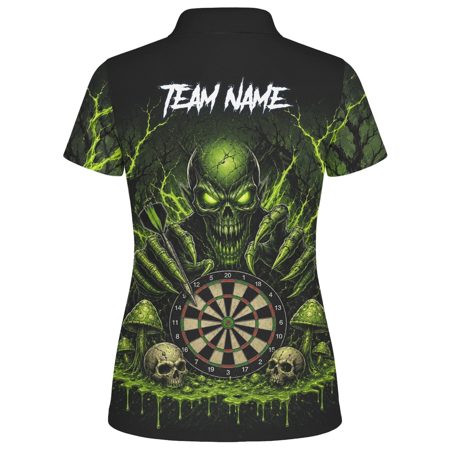 Personalisiertes Schwarz-grünes Monster-Totenkopf-Dartboard Dartshirt für Damen A277