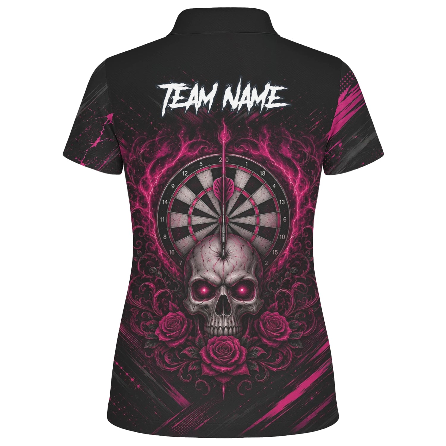 Personalisiertes Schwarz-pink Totenkopf-und-Rosen-Dartshirt für Damen V308