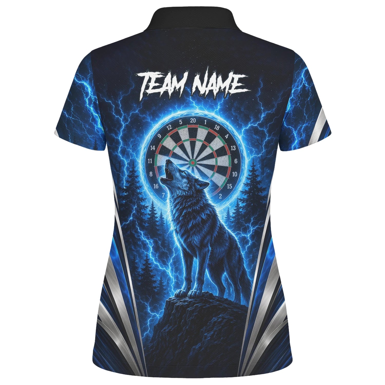 Personalisiertes Schwarz-blaues Wolf-Blitz-Dartshirt für Damen X929