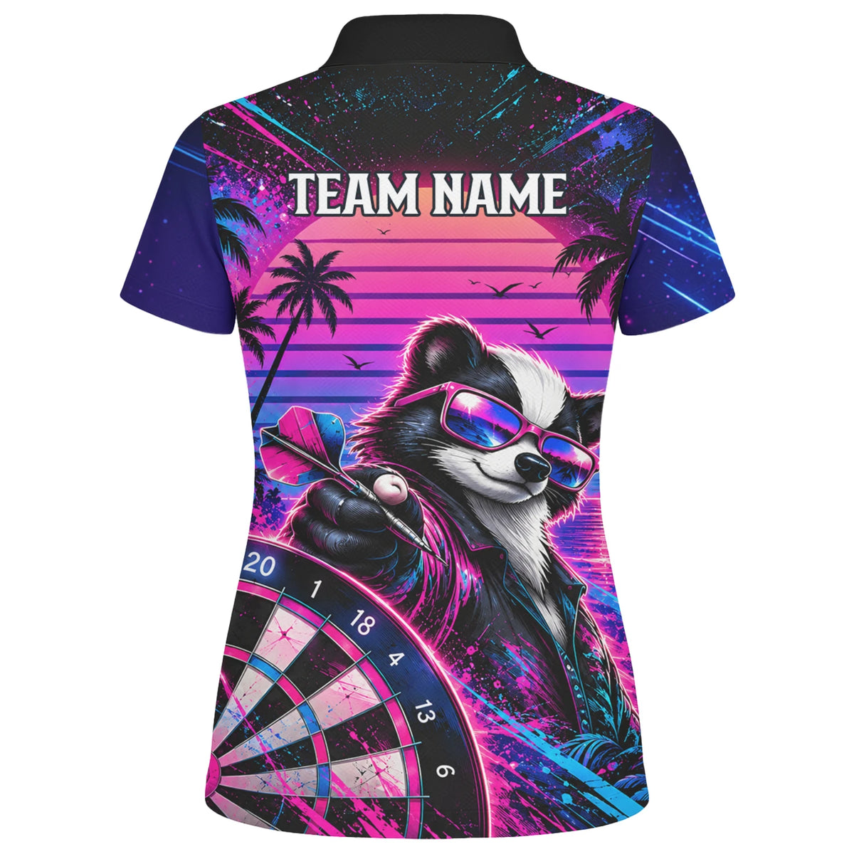 Personalisiertes Dartshirt in Pink, Lila und Blau mit Neon-Waschbären, Palmen, Sonnenuntergang und Dartscheibe für Damen N5114