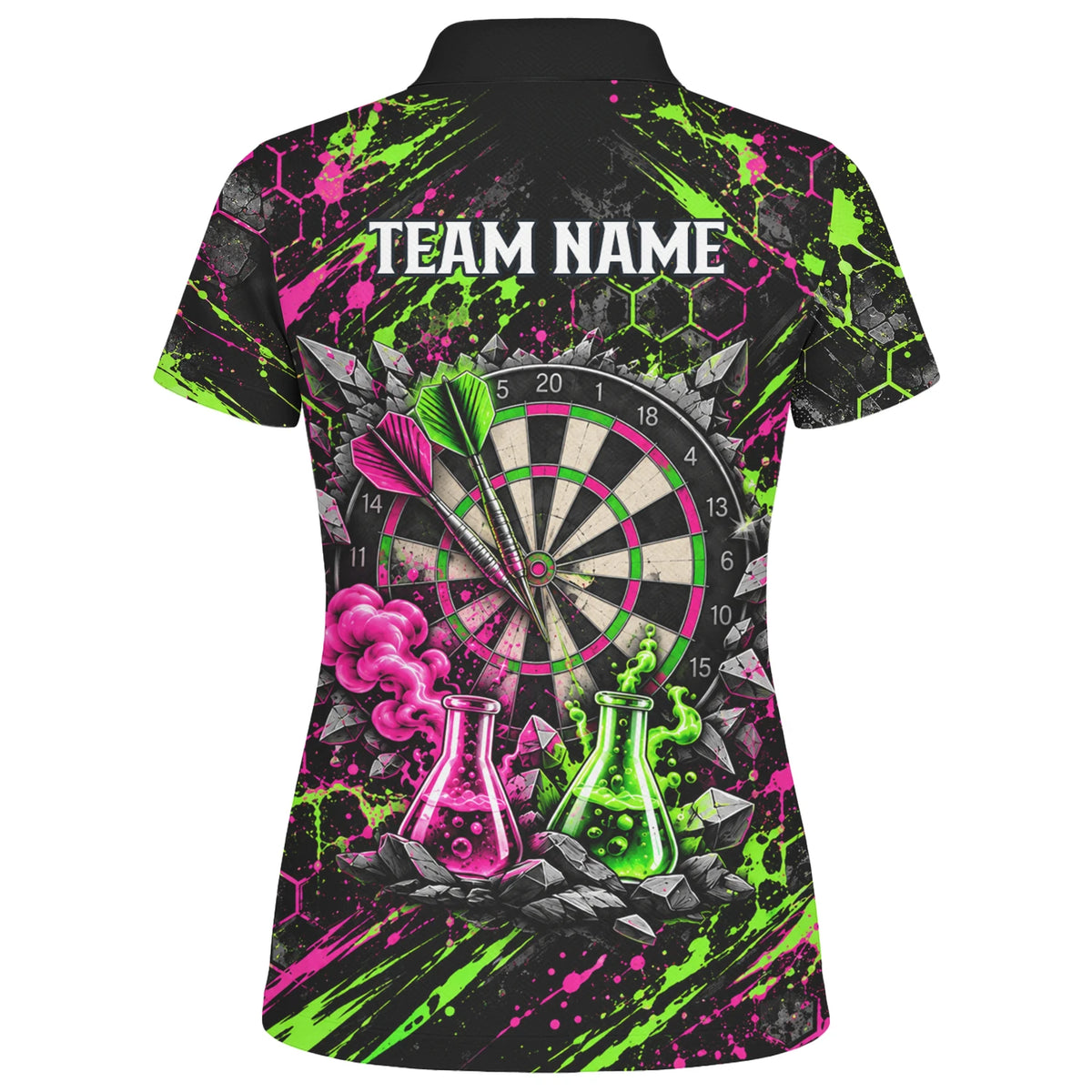 Personalisiertes Dartshirt in Schwarz, Grün und Pink mit verrücktem Wissenschaftler und Dartscheibe für Damen F9179
