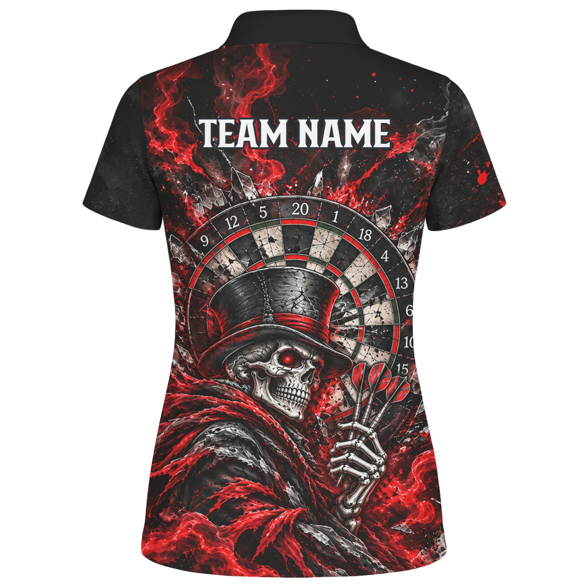 Personalisiertes Dartshirt in Schwarz und Rot mit Skelett, Zylinder, Dartpfeilen und Dartscheibe für Damen R5016