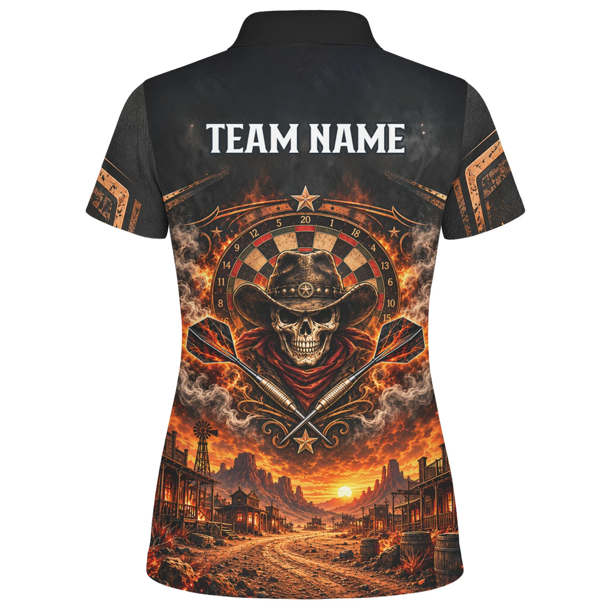 Personalisiertes Dartshirt in Schwarz und Orange mit Cowboy-Totenkopf, Flammen und Dartscheibe für Damen G9772