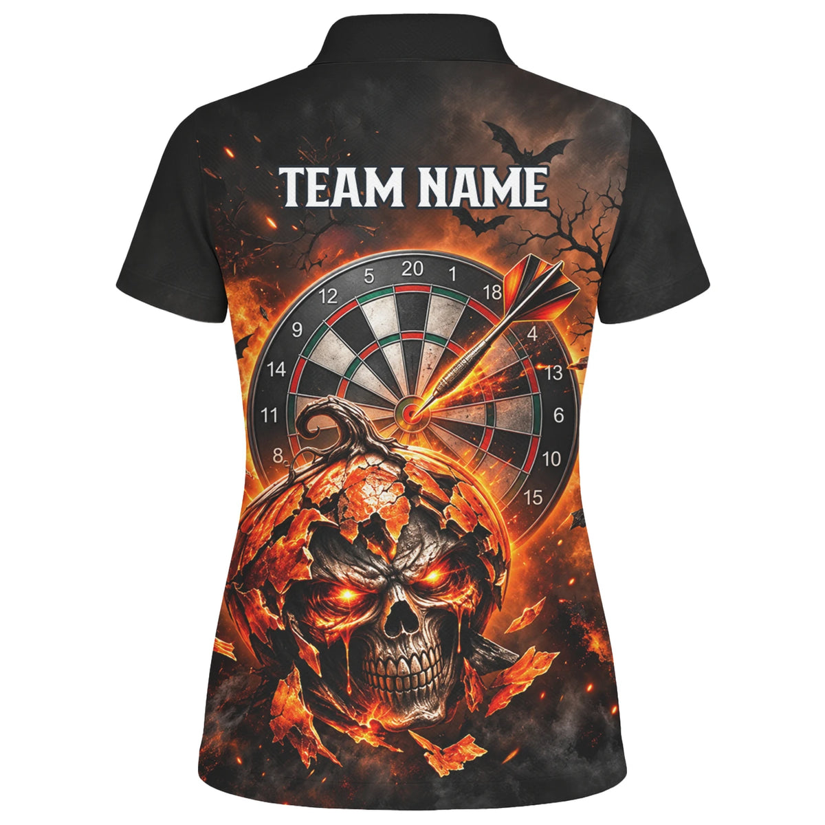 Personalisiertes Dartshirt in Schwarz und Orange mit flammendem Kürbis-Totenkopf und Dartscheibe für Damen S4076