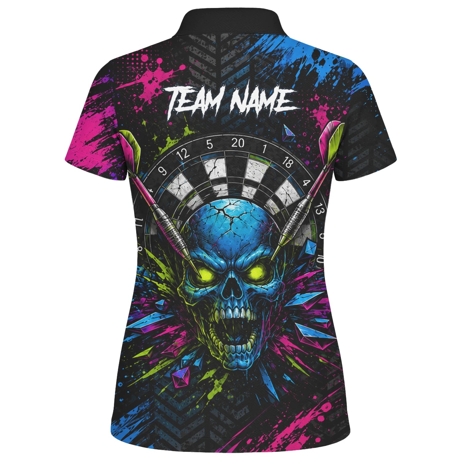 Personalisiertes Neonfarbenes Totenkopf-Dartboard Dartshirt für Damen S232
