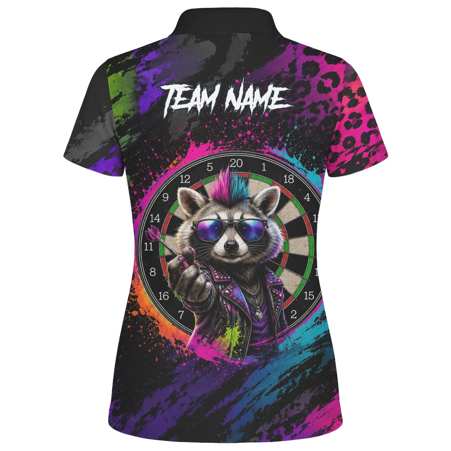 Personalisiertes Schwarz-buntes Punk-Waschbär-Dartboard Dartshirt für Damen E164