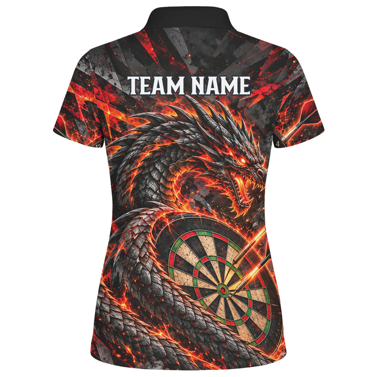 Personalisiertes Dartshirt mit schwarz-rotem Feuerdrachen und Dartscheibe für Damen B0683
