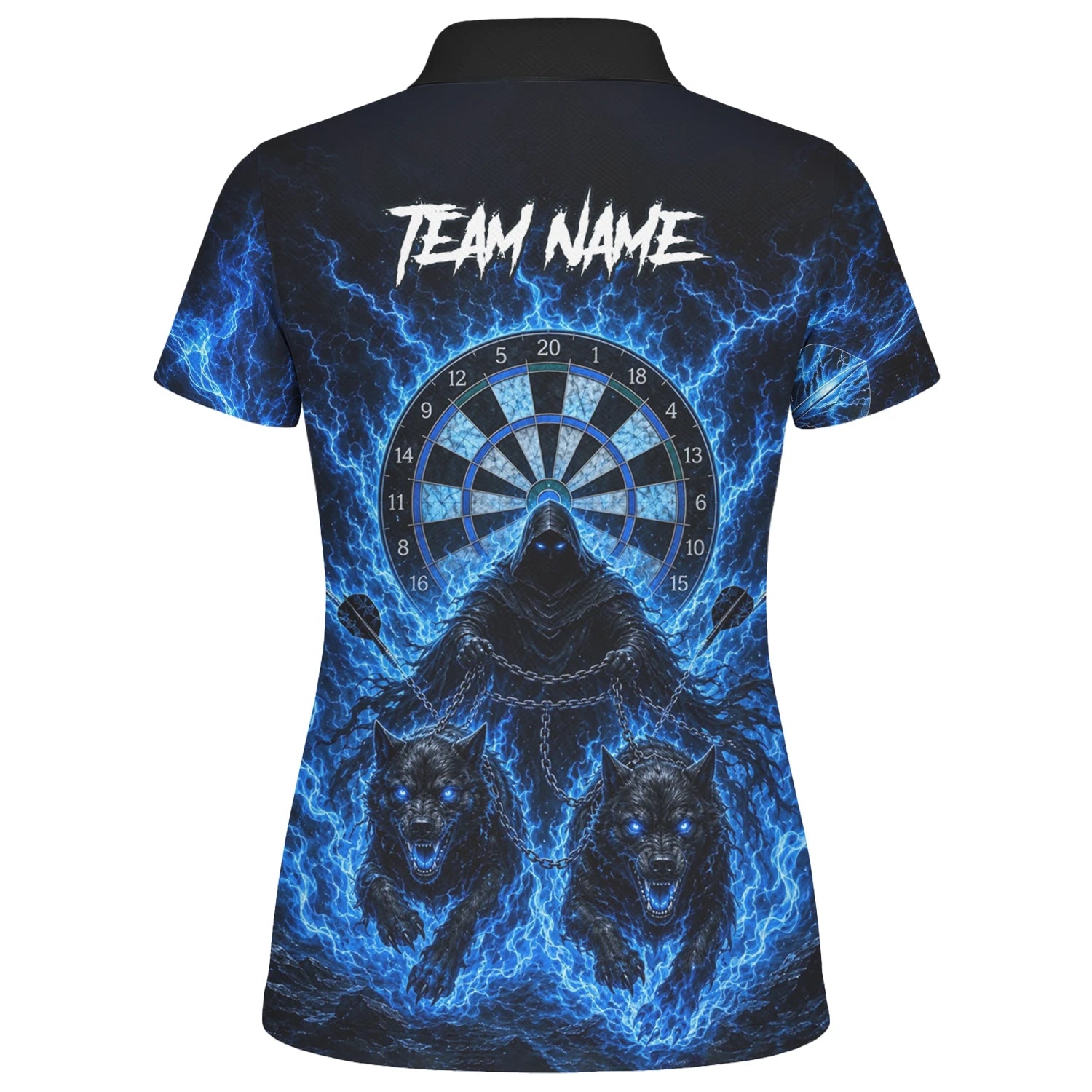 Personalisiertes Schwarz-blaues Sensenmann-und-Wölfe-Dartshirt für Damen X871