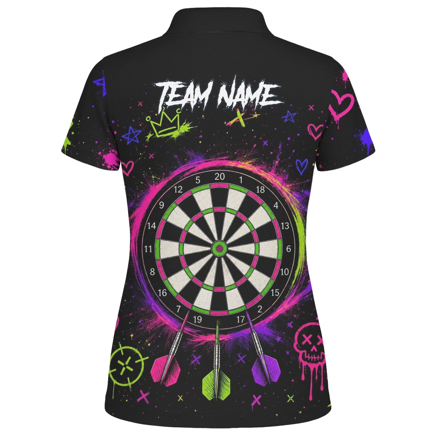 Personalisiertes Schwarz-neonfarbenes Sugar-Skull-Frauen-Dartshirt für Damen K745