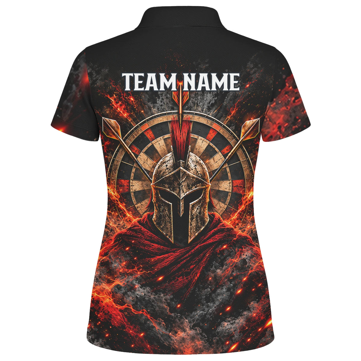 Personalisiertes Dartshirt in Schwarz, Rot und Orange mit Spartanerhelm, Flammen und Dartscheibe für Damen Z3444