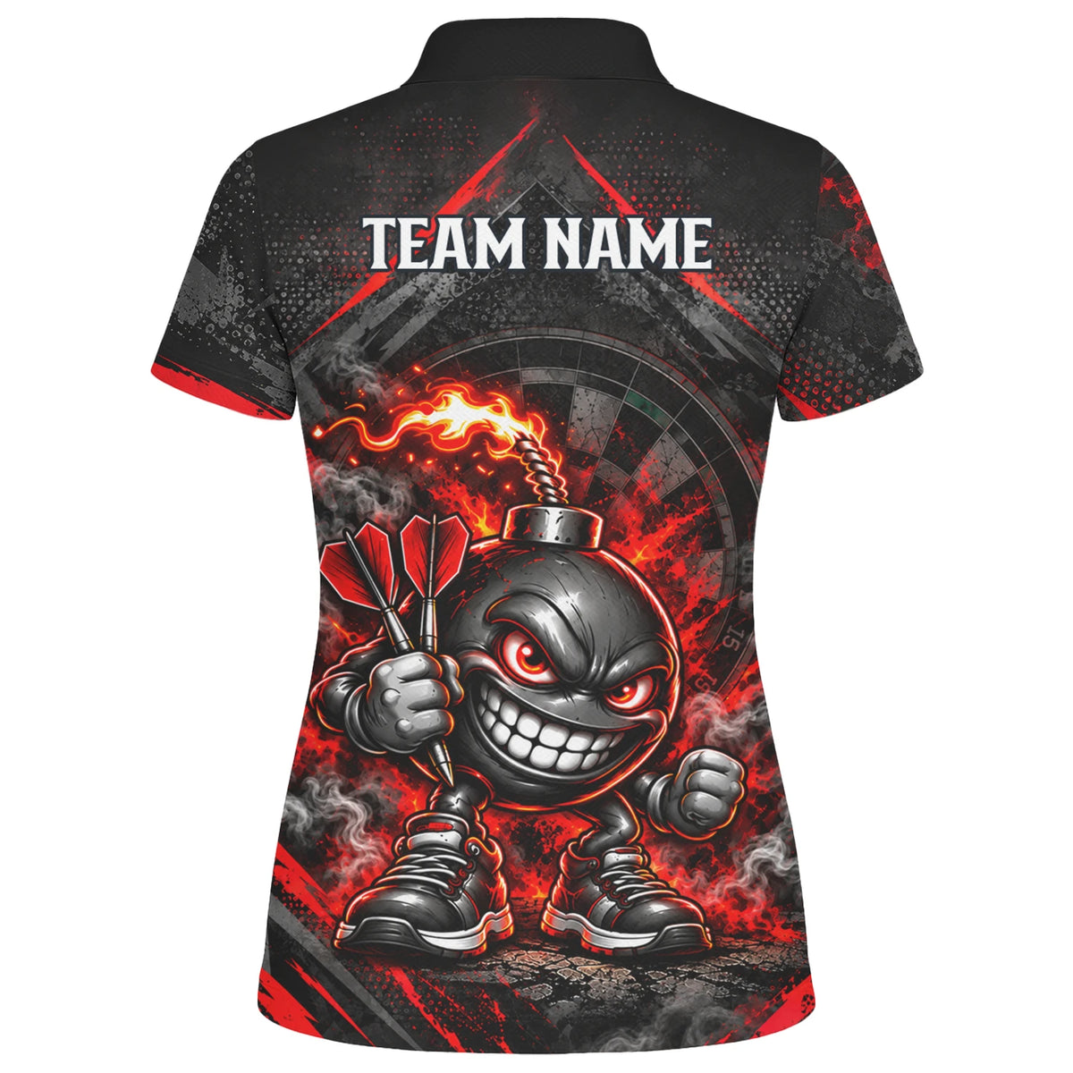 Personalisiertes Dartshirt in Schwarz und Rot mit feurigen Comic-Bomben und Dartscheibe für Damen U4656