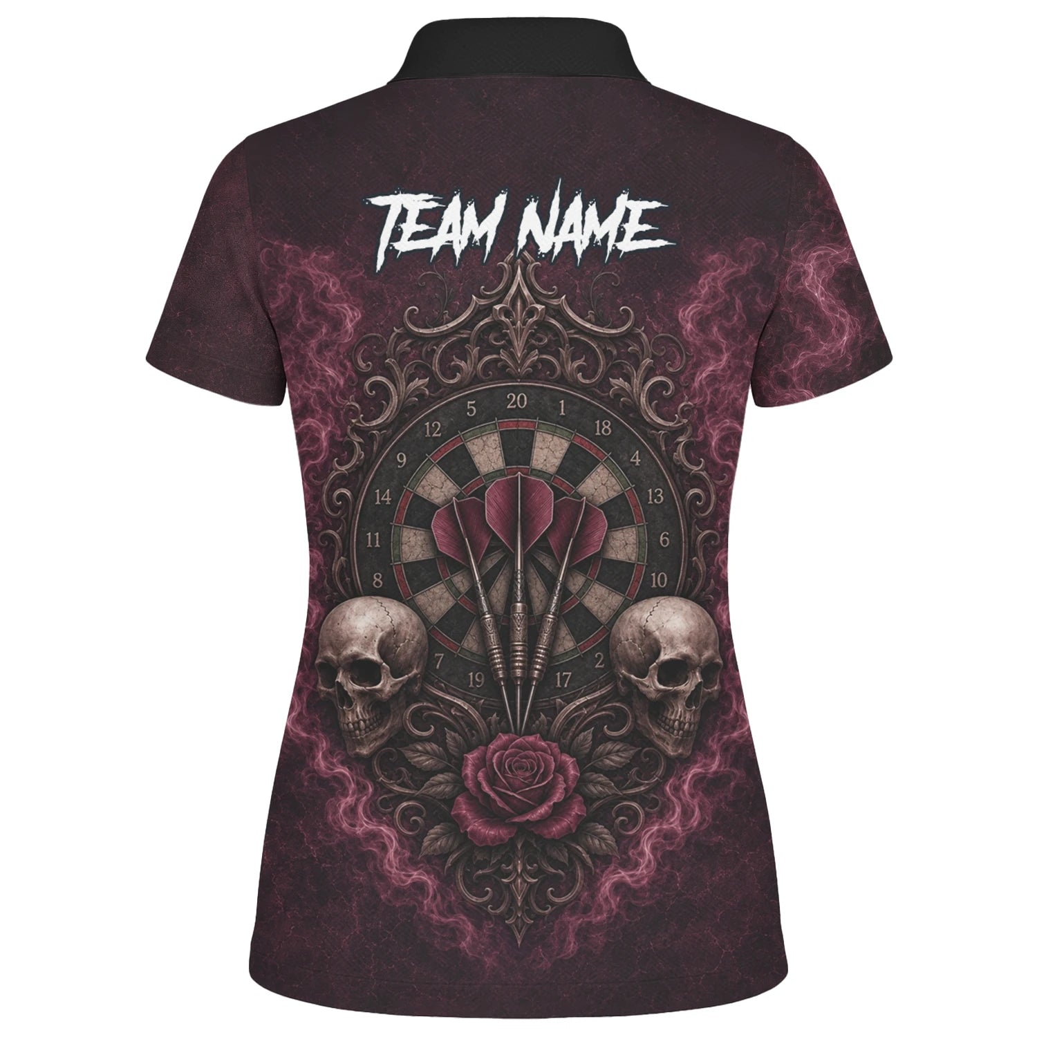 Personalisiertes Dunkelrot-schwarzes Totenkopf-Rosen-Dartshirt für Damen U786