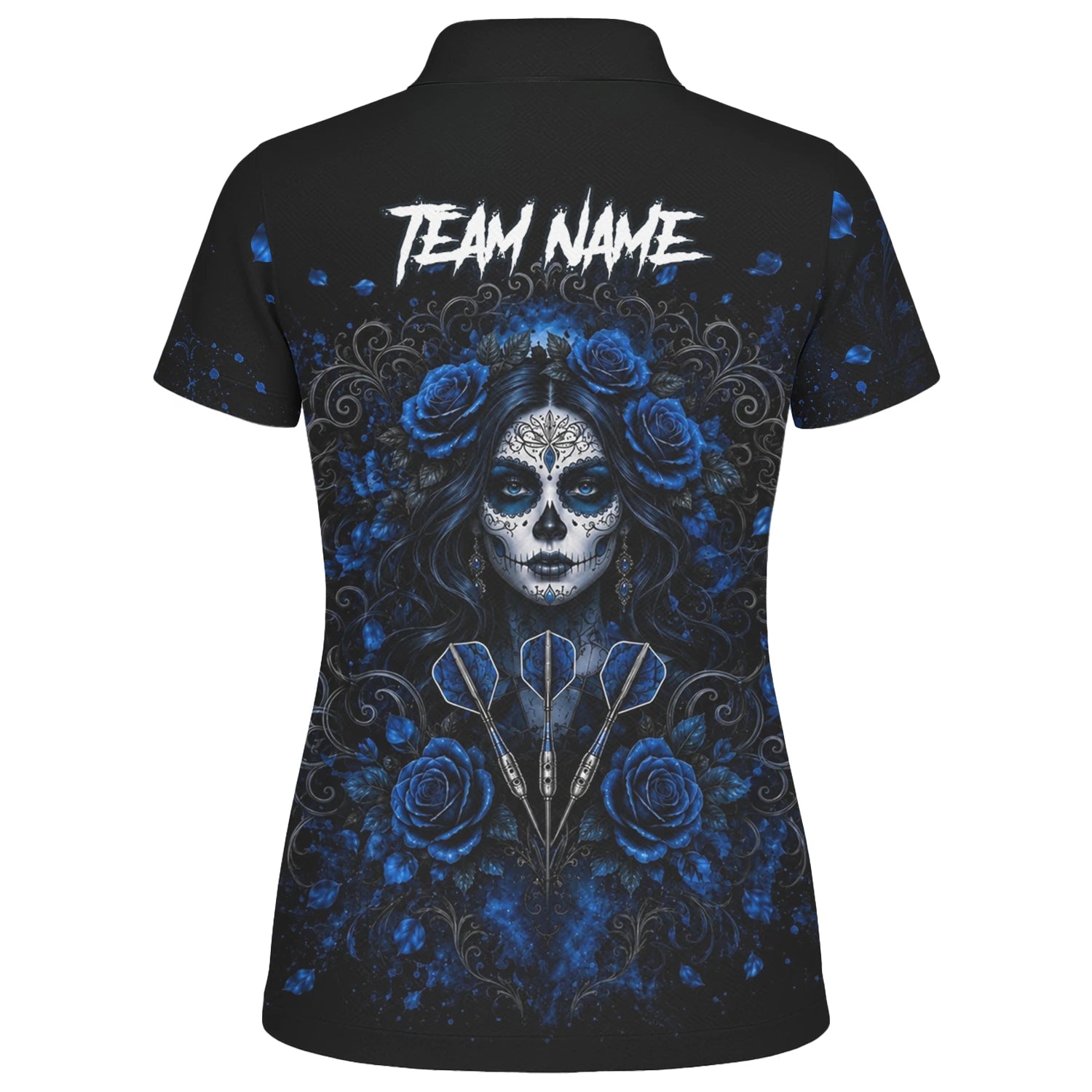 Personalisiertes Schwarz-blaues Sugar-Skull-Rosen-Dartshirt für Damen I884