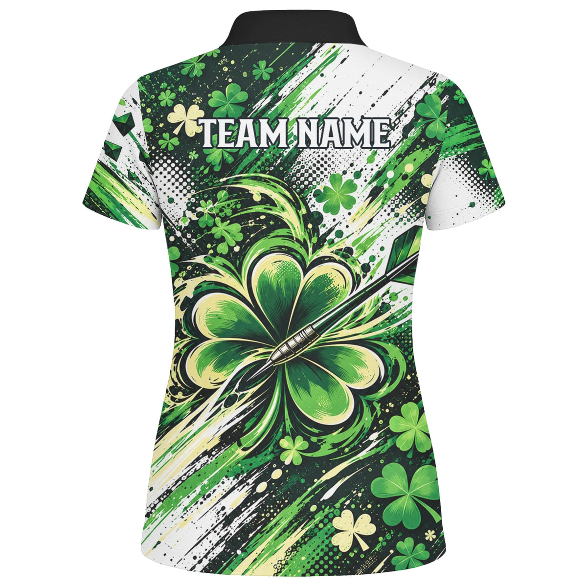 Personalisiertes Dartshirt in Grün, Schwarz und Weiß mit Kleeblättern und Dartscheibe für Damen J0950