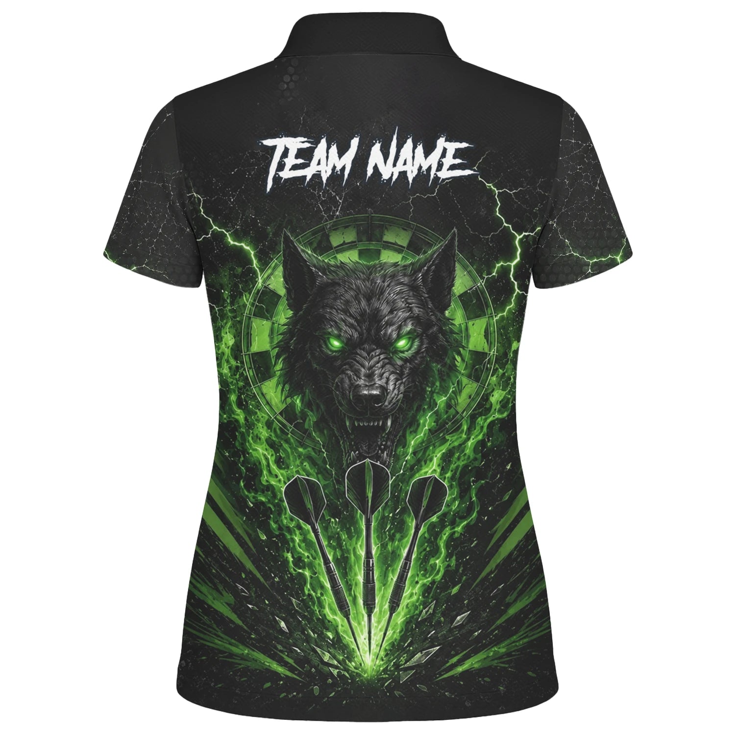 Personalisiertes Schwarz-grünes Wolf-Dartboard Dartshirt für Damen F303