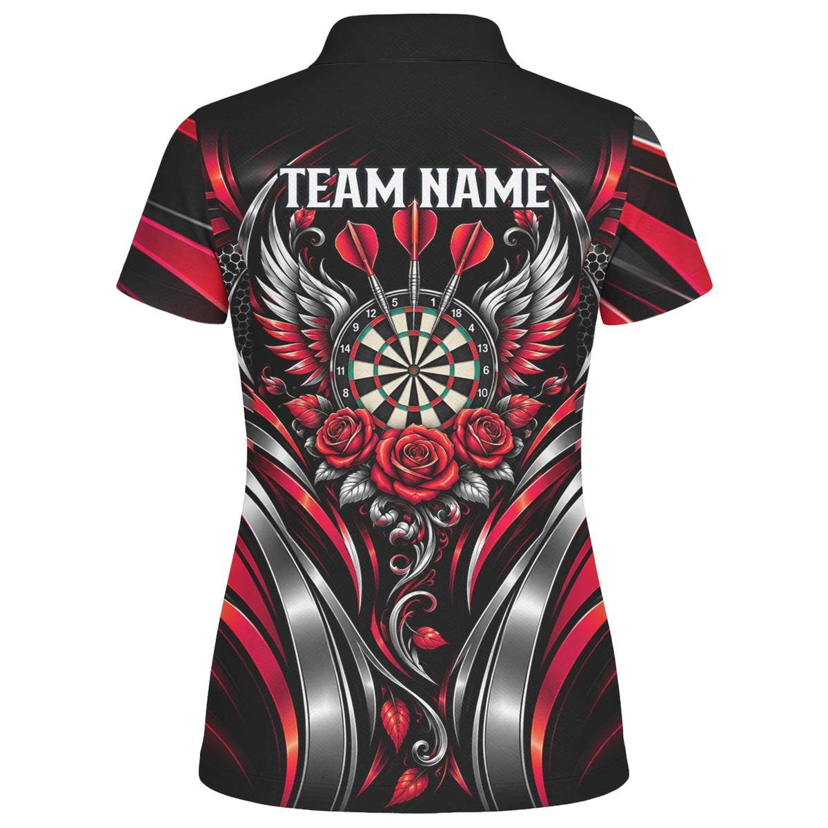 Personalisiertes Dartshirt in Schwarz, Rot und Silber mit Rosen, Flügeln und Dartscheibe für Damen Y2535