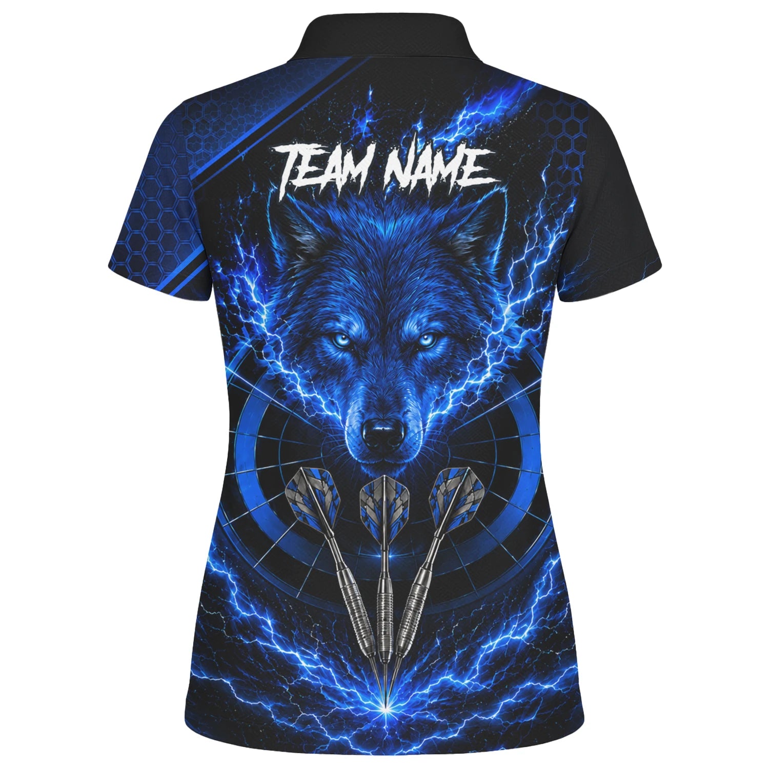 Personalisiertes Schwarz-blaues Wolf-Blitz-Dartshirt für Damen Y375