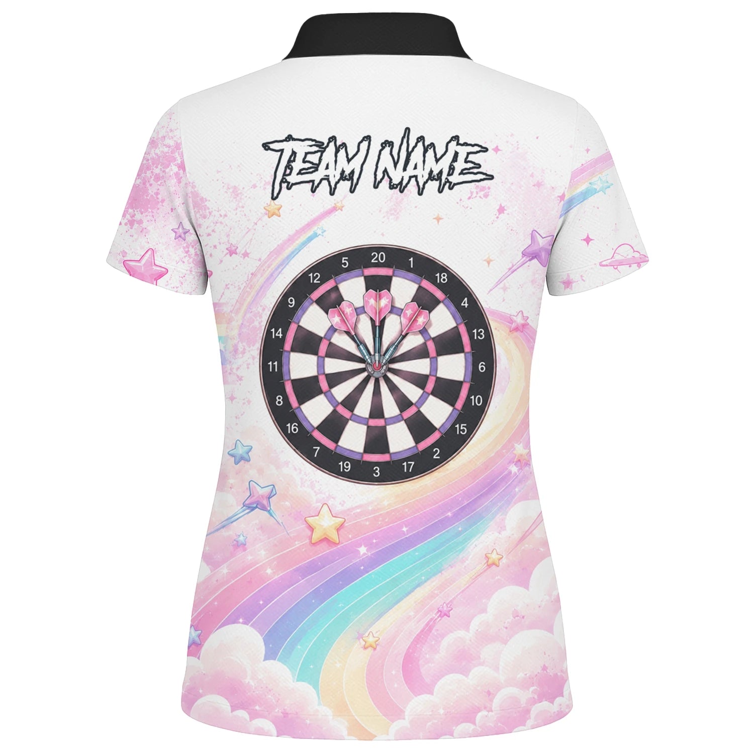 Personalisiertes Weiß-rosa Regenbogen-Einhorn-Dartshirt für Damen F188