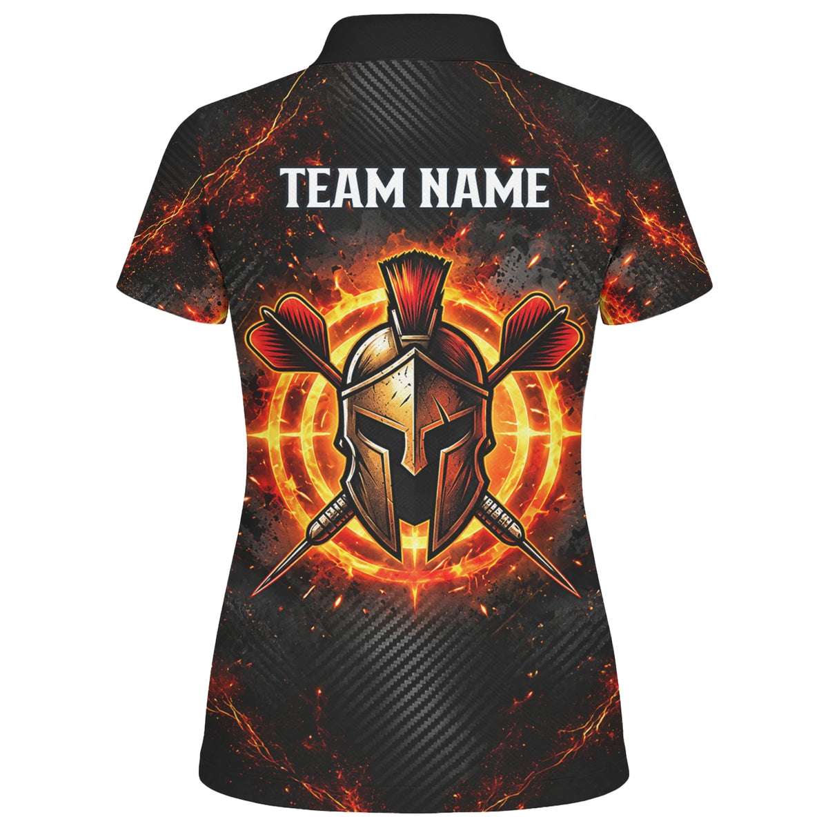 Personalisiertes Dartshirt in Schwarz, Rot und Orange mit spartanischem Krieger, Flammen und Dartscheibe für Damen X1710
