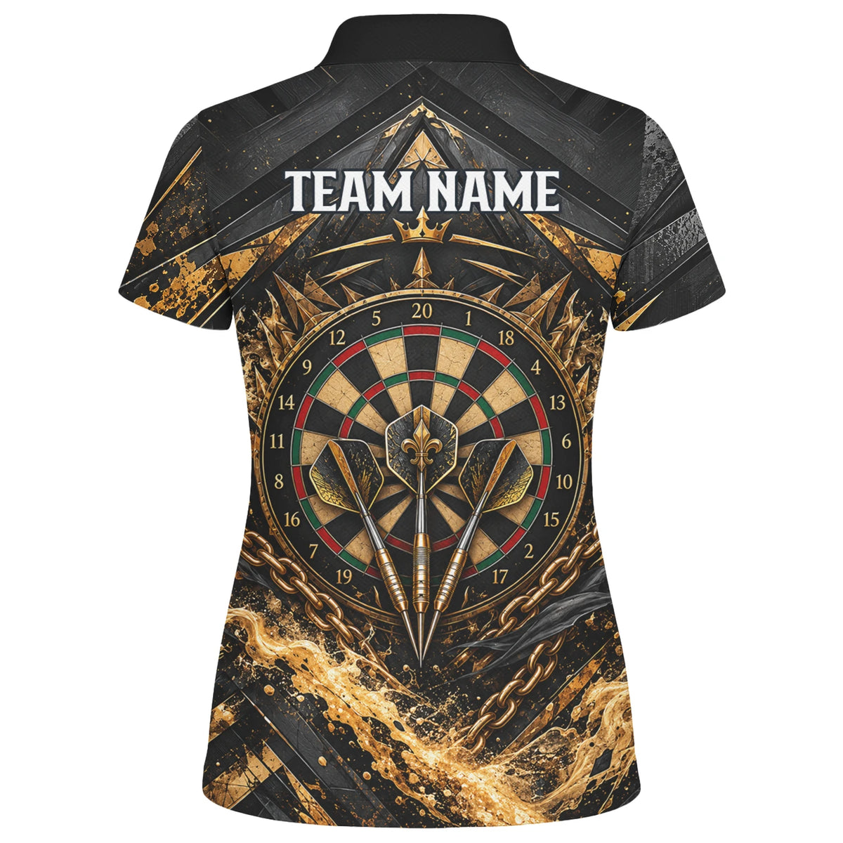Personalisiertes Dartshirt in Schwarz und Gold mit Piraten-Totenkopf und Dartscheibe für Damen X7403