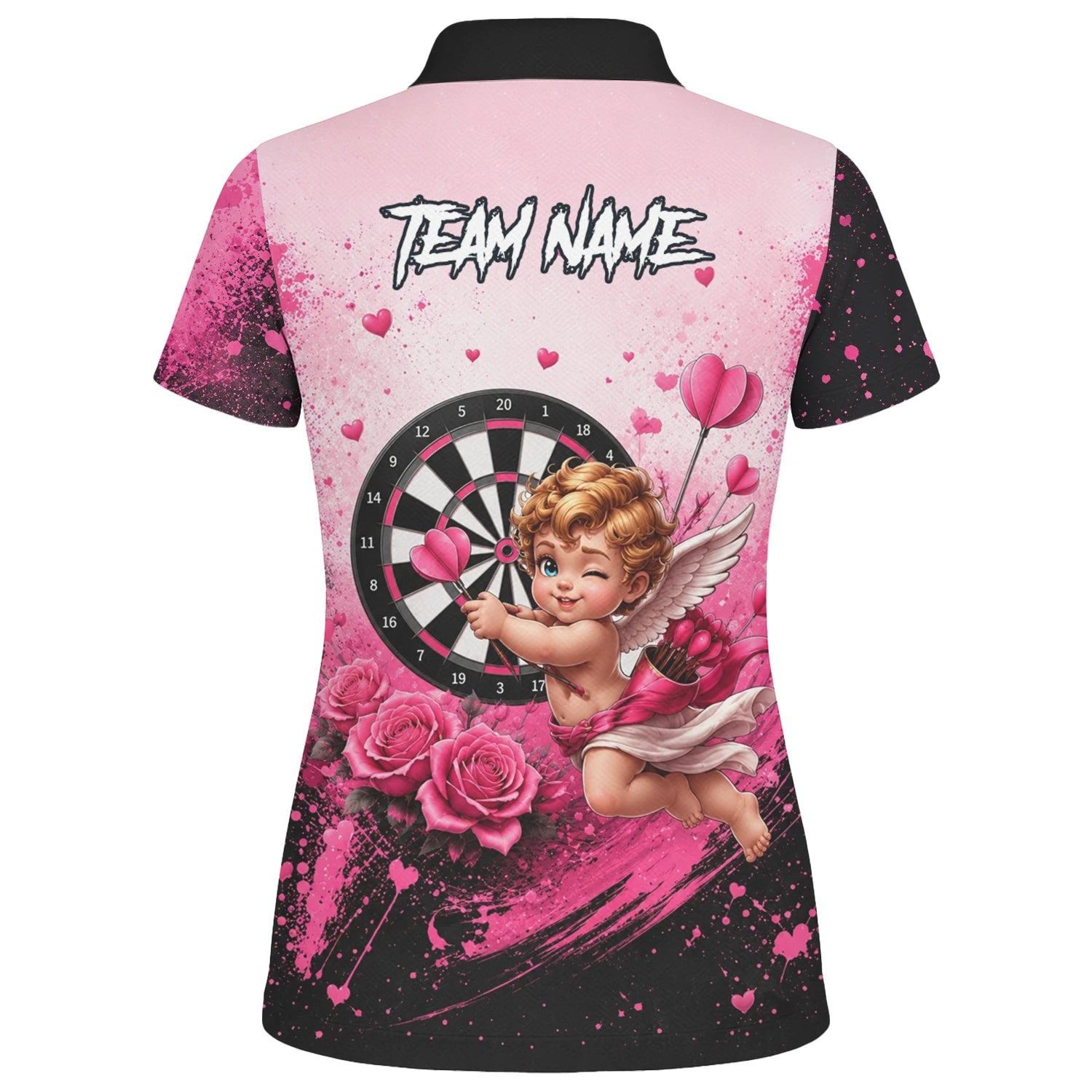 Personalisiertes Pink-schwarzes Amor-Dartboard Dartshirt für Damen I643