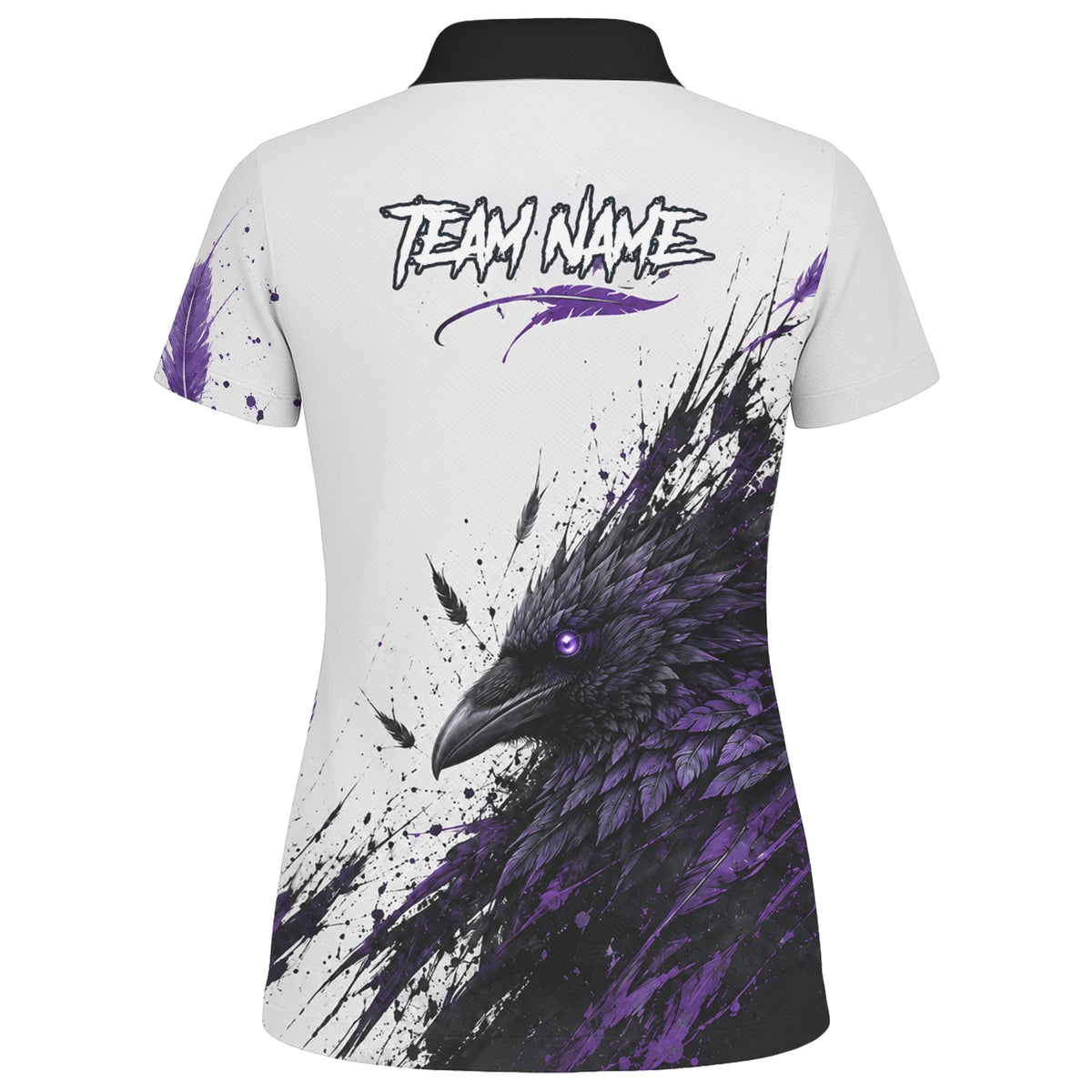 Personalisiertes Dartshirt mit weiß-schwarz-violettem Raben für Damen Z888