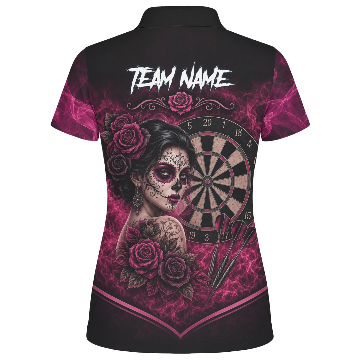 Personalisiertes Schwarz-pink Sugar-Skull-Rosen-Dartshirt für Damen Z109