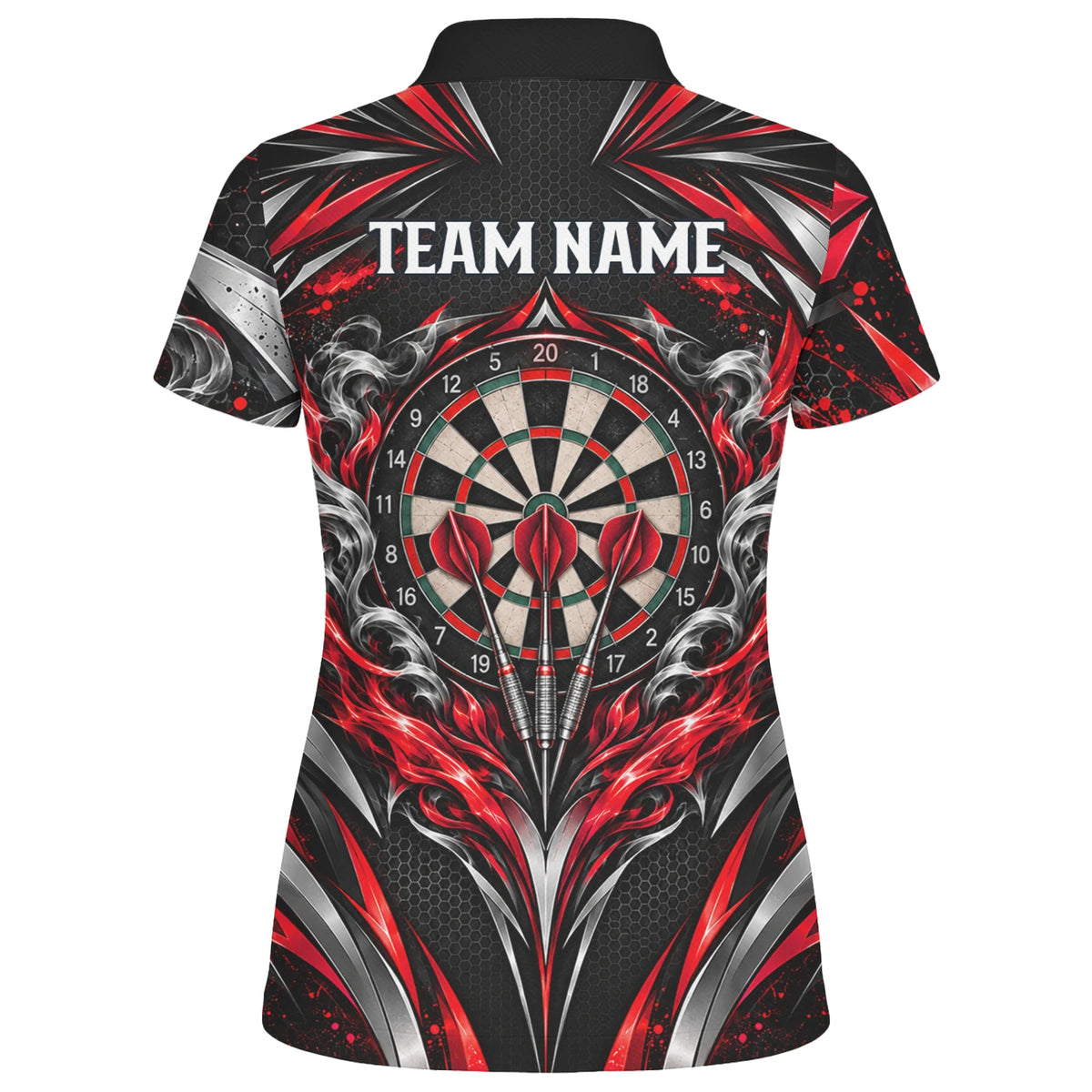 Personalisiertes Dartshirt in Schwarz, Rot und Silber mit geschwungenen Linien und Dartscheibe für Damen L9172