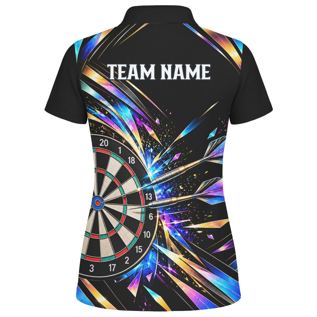 Personalisiertes Dartshirt in Schwarz mit bunten geometrischen Splittern und Dartscheibe für Damen L2897