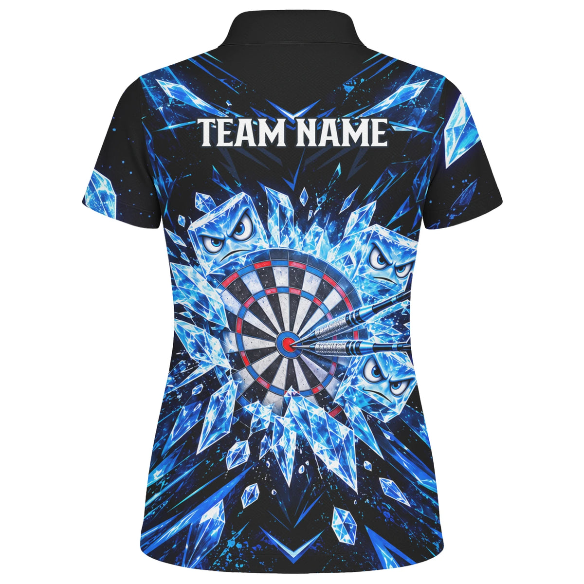 Personalisiertes Dartshirt in Schwarz und Blau mit Eiskristallen, Dartpfeilen und Dartscheibe für Damen X5114