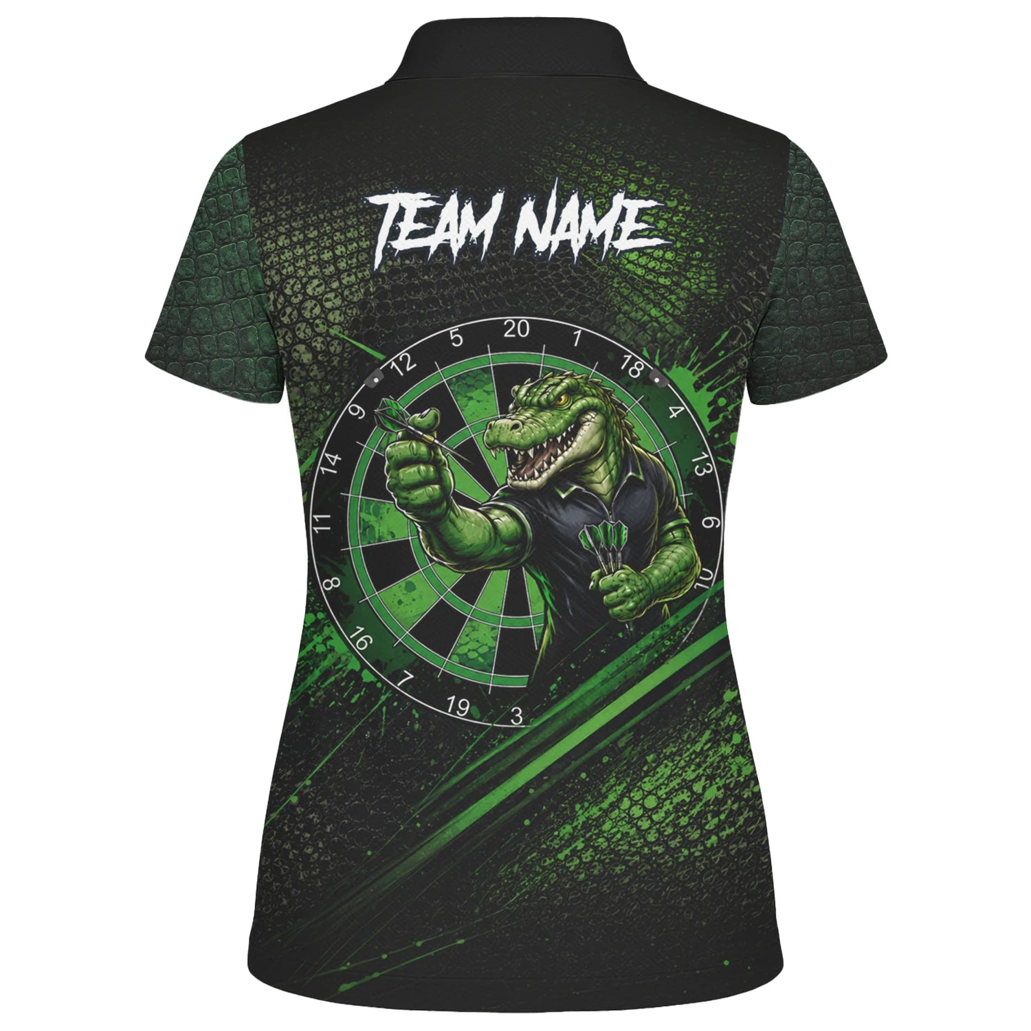 Personalisiertes Grün-schwarzes Alligator-Dartspieler-Dartshirt für Damen I987