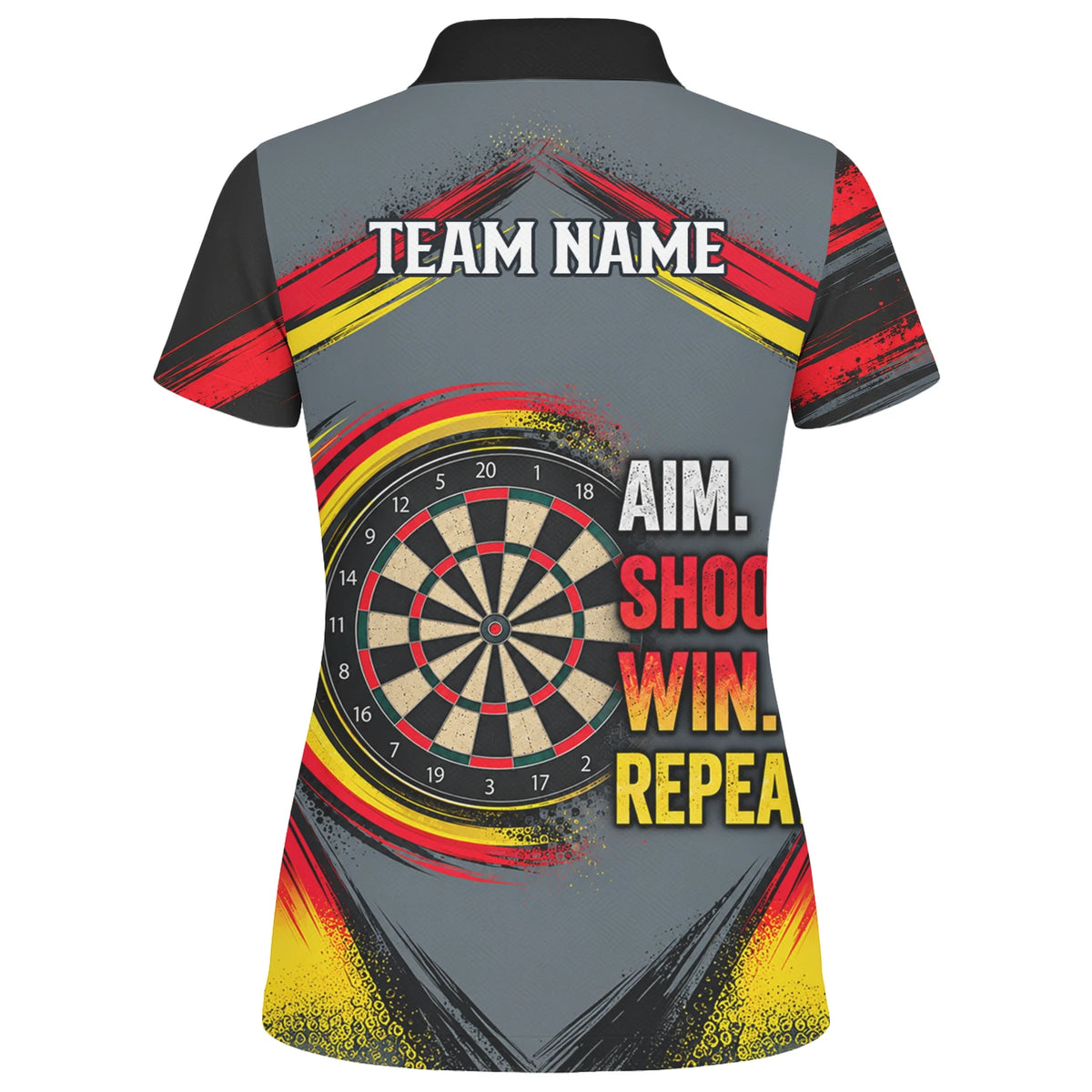 Personalisiertes Dartshirt in Grau, Schwarz, Rot und Gelb mit Dartpfeilen und Dartscheibe für Damen E2718